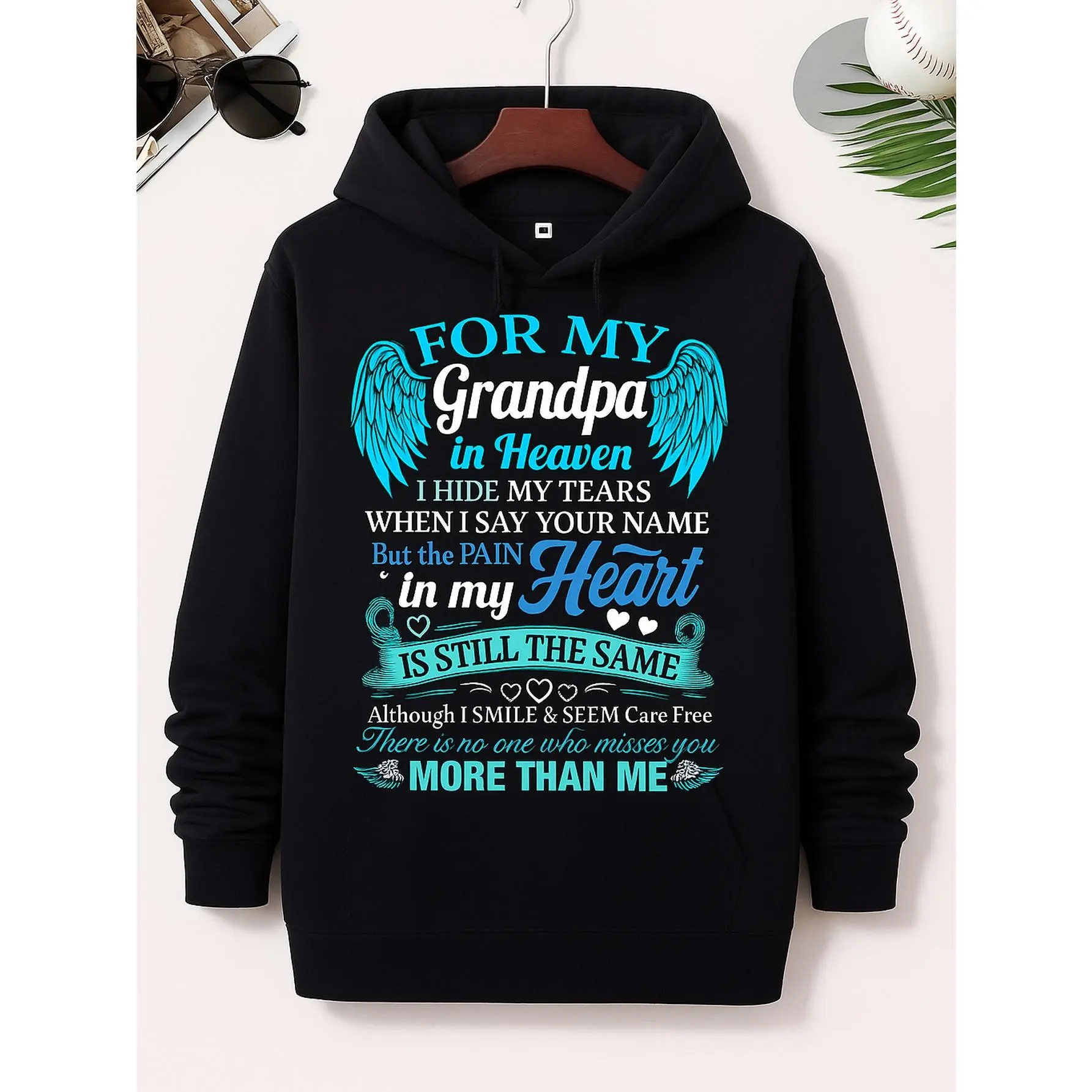 For My Grandpa in Heaven Memorial Fleece Hoodie- Plus Size Vintage Portrait Print With, - For, Christmas& Casual Wear- Machine Washable for Grandparents& Gifts