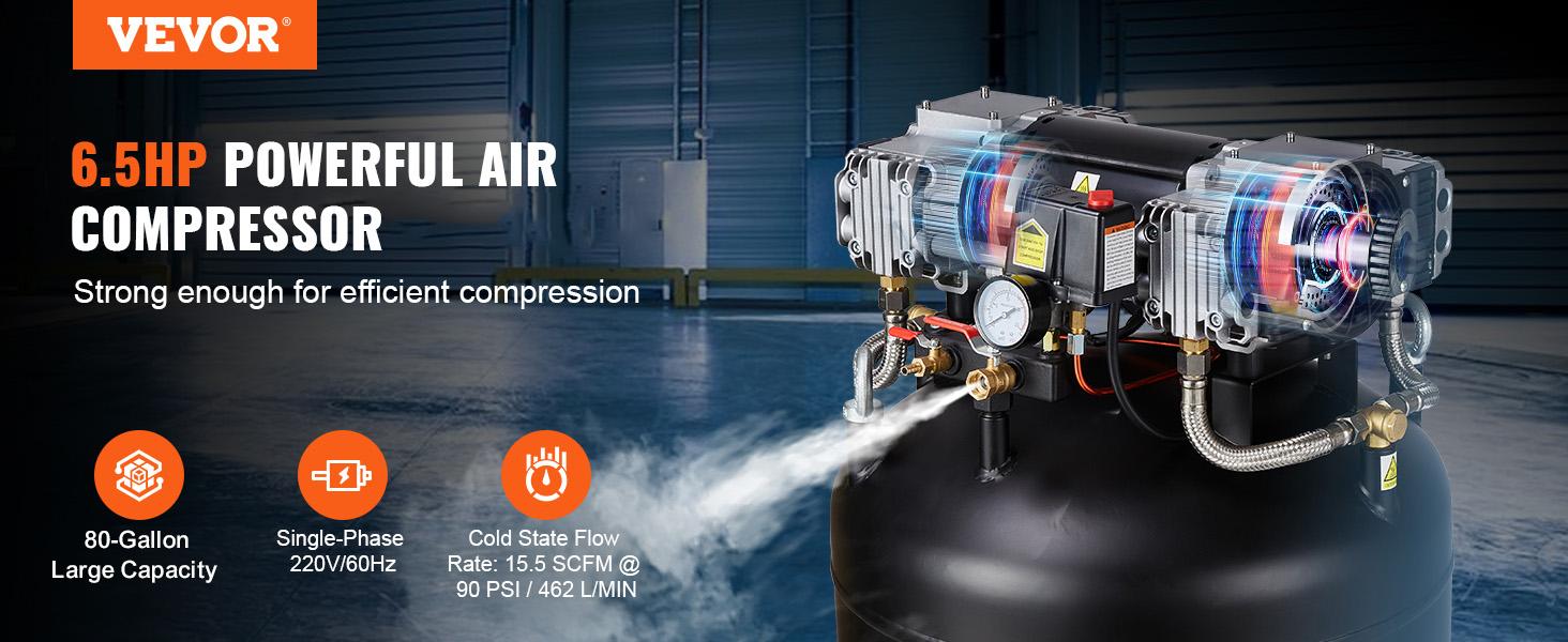 VEVOR 80 Gallon Air Compressor, 6.5HP 15.5SCFM90 PSI, 145PSI Oil Free Stationary Air Compressor Tank, 86dB Ultra Quiet Compressor for Industrial Manufacturing, Construction Sites, Auto Repair