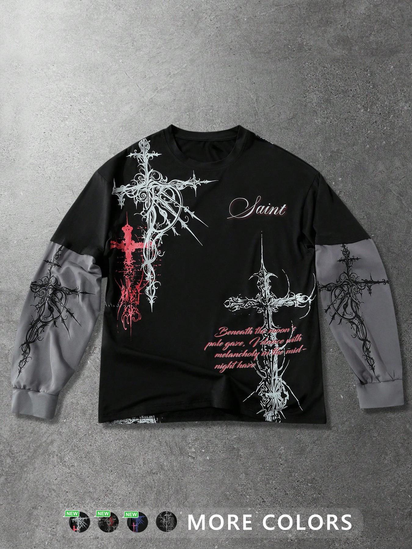 Unisex Gothic Style Long Sleeve T-Shirt with Rune and Cross Print, Ideal for Streetwear and Hip Hop Culture, Perfect Couple