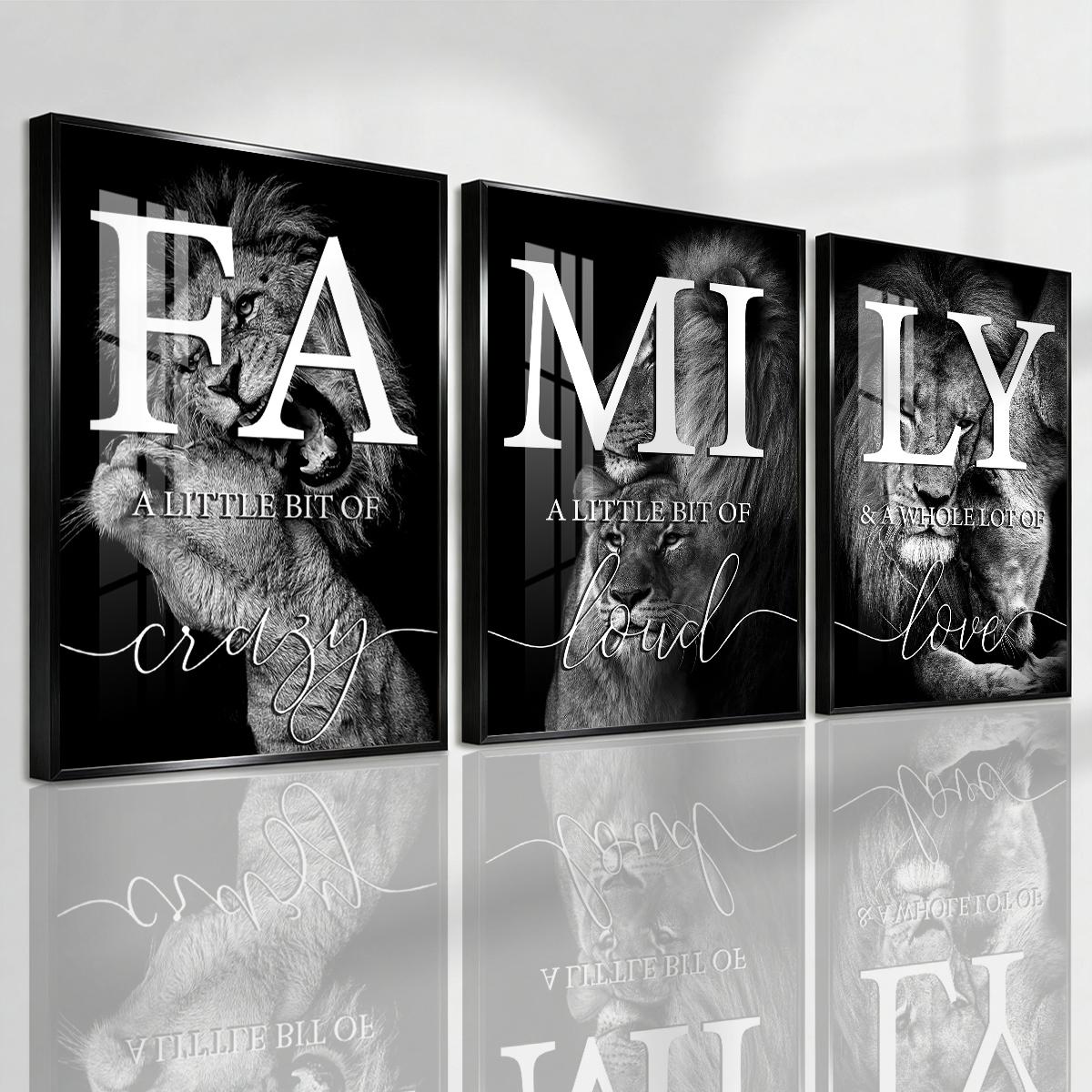 3 Counts Aluminum Alloy Framed Painting, Family Lion Wall Art Black And White Animal Poster, Home Decoration For Living Room, Bedroom, Office, Restaurant, Hallway Wall Decor, Odorless Print Artwork, Luxury Perfect Gift For Friends And Family