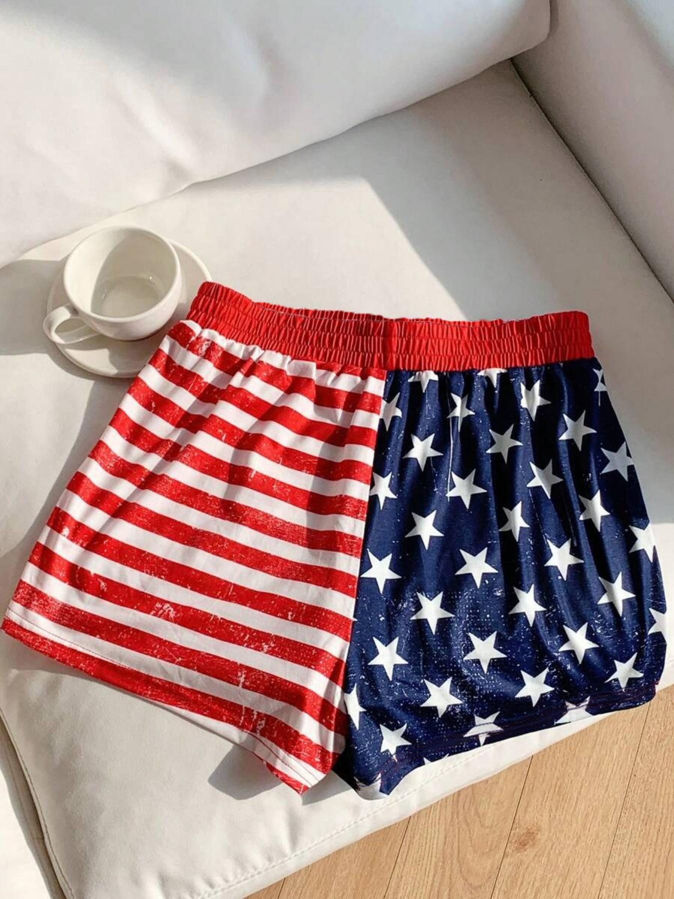 Millennial Streetwear Vintage Usa Flag Print Elastic Waist Loose Fit Shorts, Comfortable Breathable Fabric, Ideal for Summer Outdoor Wear