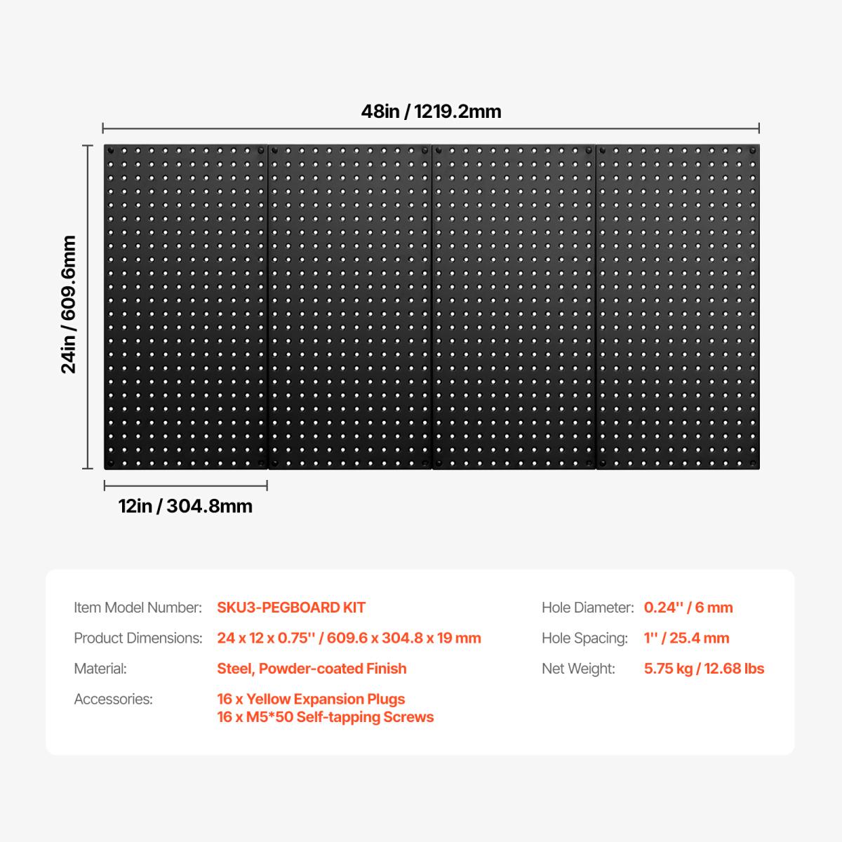 Metal Pegboard Panels, 24" x 12" Pegboard, 4 Panels, Heavy Duty Steel Peg Board Wall Organizer, for Living Room Garage Tool Storage Workbench Office Organization Craft Room Kitchen Home, Black