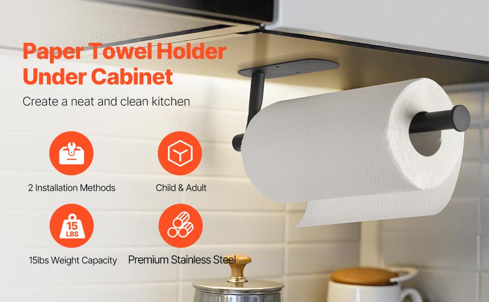 VEVOR Paper Towel Holder Under Cabinet, High-Quality Stainless Steel Paper Towel Holder, Self Adhesive or Drilling Paper Towel Holder Wall Mount for Kitchen, Bathroom, Pantry