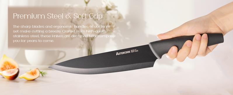 Astercook 22-Piece Knife Set with Block, German Steel, Chef & Steak Knives, Scissors, Sharpener & Peeler – Dishwasher Safe. Kitchen Kitchenware Kitchen Blade Stainless Traditional Wooden