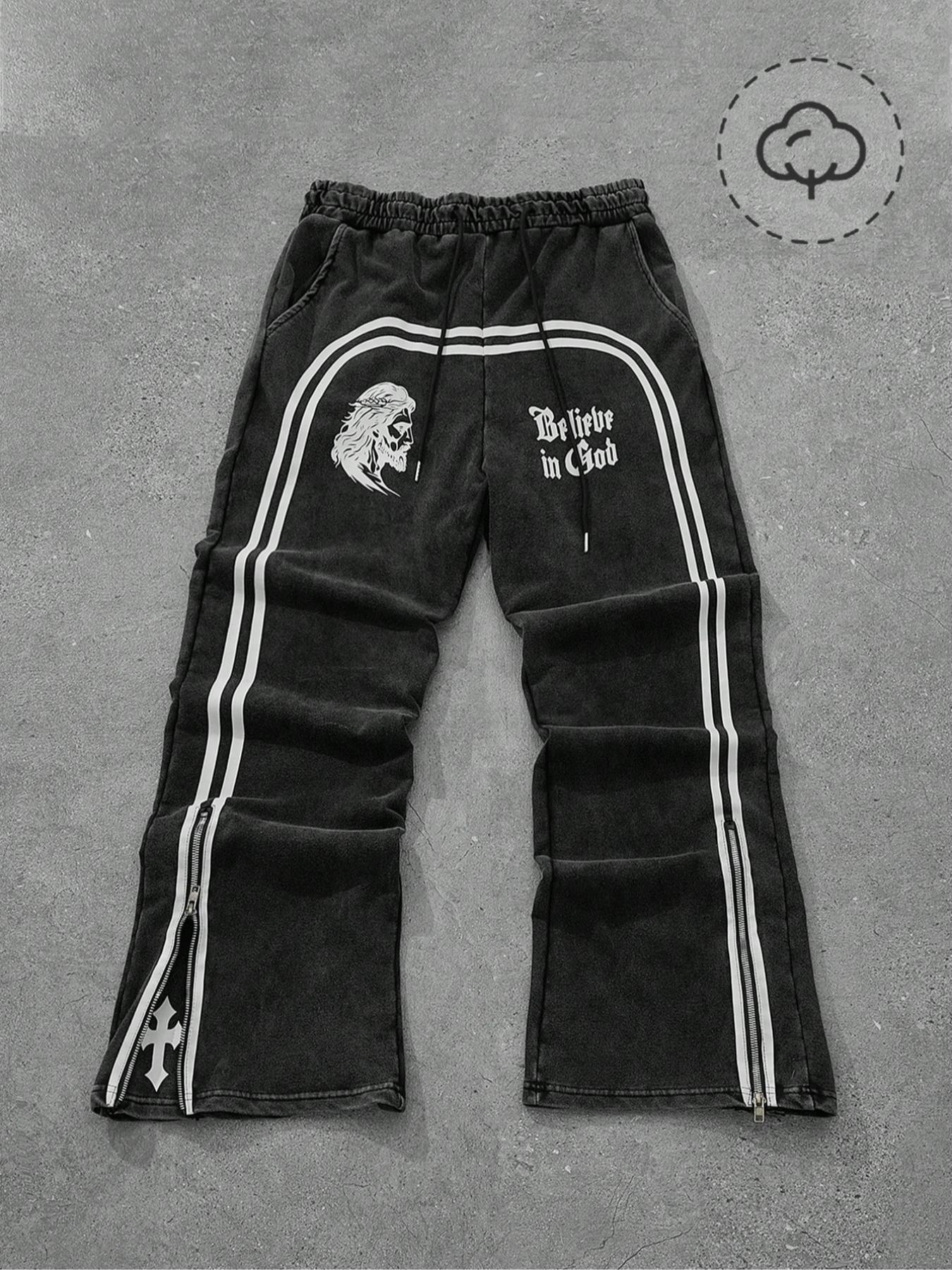 Men's Star & Striped Print Washed Distressed Drawstring Waist Sports Sweatpants, Regular Fit Casual Comfy Fashion Pocket & Zipper Design Pants for Fall & Winter, Sports Bottoms, Casual Athletic Pants, Athleisure Style Bottoms
