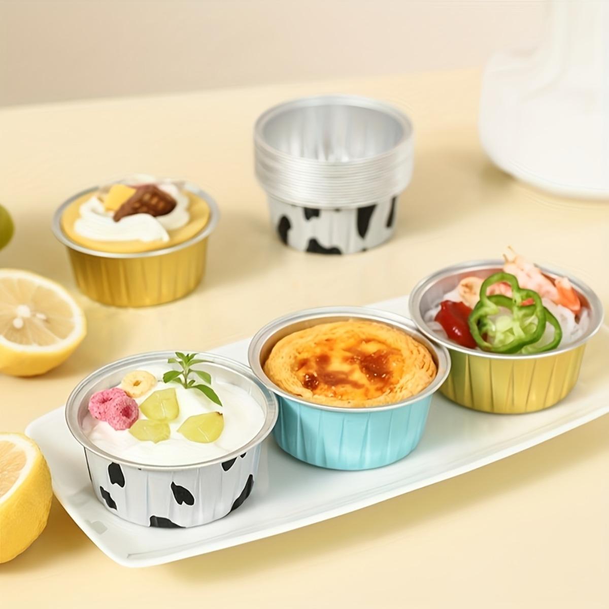 100PCS Disposable Foil Dessert Cup Set, Includes 50 Cups + 50 Lids, Perfect for Muffins, Creme Brulee, Pudding, Cheesecake, Cream Cups and Bakery Packaging, Kitchen Baking Supplies, Pink and Milk Color Optional