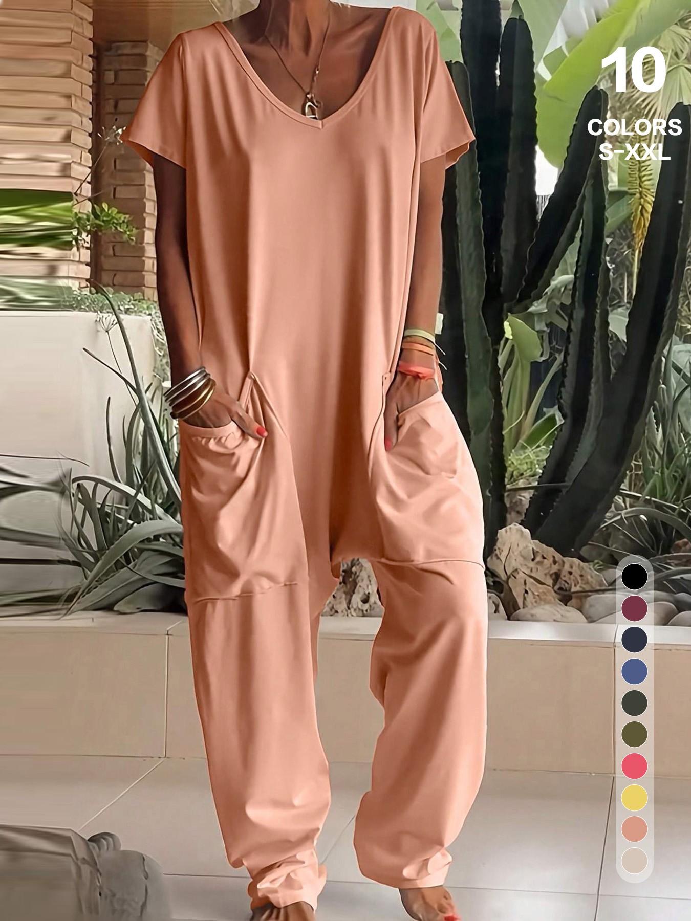 2026 Women's Casual Oversized Jumpsuit, Casual Jumpsuits, Short-Sleeve Batwing V-Neck Harem Pants With pockets, Loose Fit Wide Leg, Perfect for All Seasons, Stylish & Comfortable，Suitable for Daily Home Wear and Fashionable for Outings