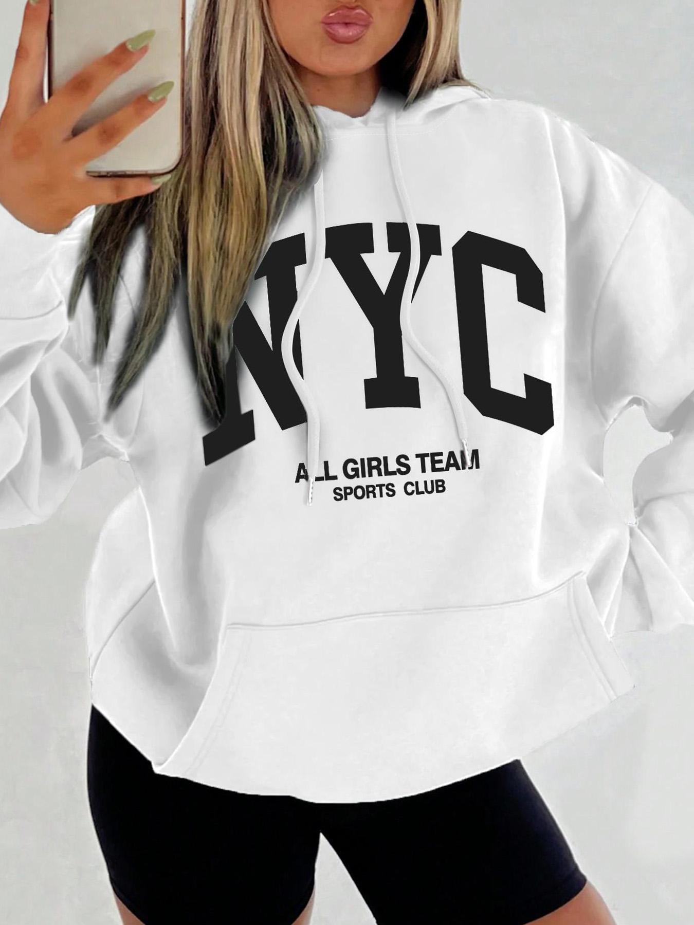 Women's Letter Print Drop Shoulder Hoodie, Fashion Casual Drawstring Pocket Hooded Sweatshirt for Daily Holiday Outdoor Wear, Women Clothing for Fall & Winter