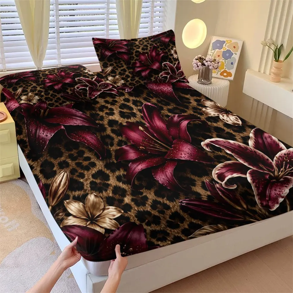 Leopard Print Bed Sheet Set, 25cm Deep Pocket Non-Slip, Luxury Home Decor, All-Season American Style, Four Sizes, Leopard Print Sheets