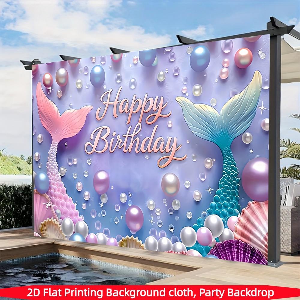 Mermaid Theme Birthday Banner, 2D Polyester Backdrop, Happy Birthday Underwater Fairy Tale Party Banner, Girl Child Photo Decoration