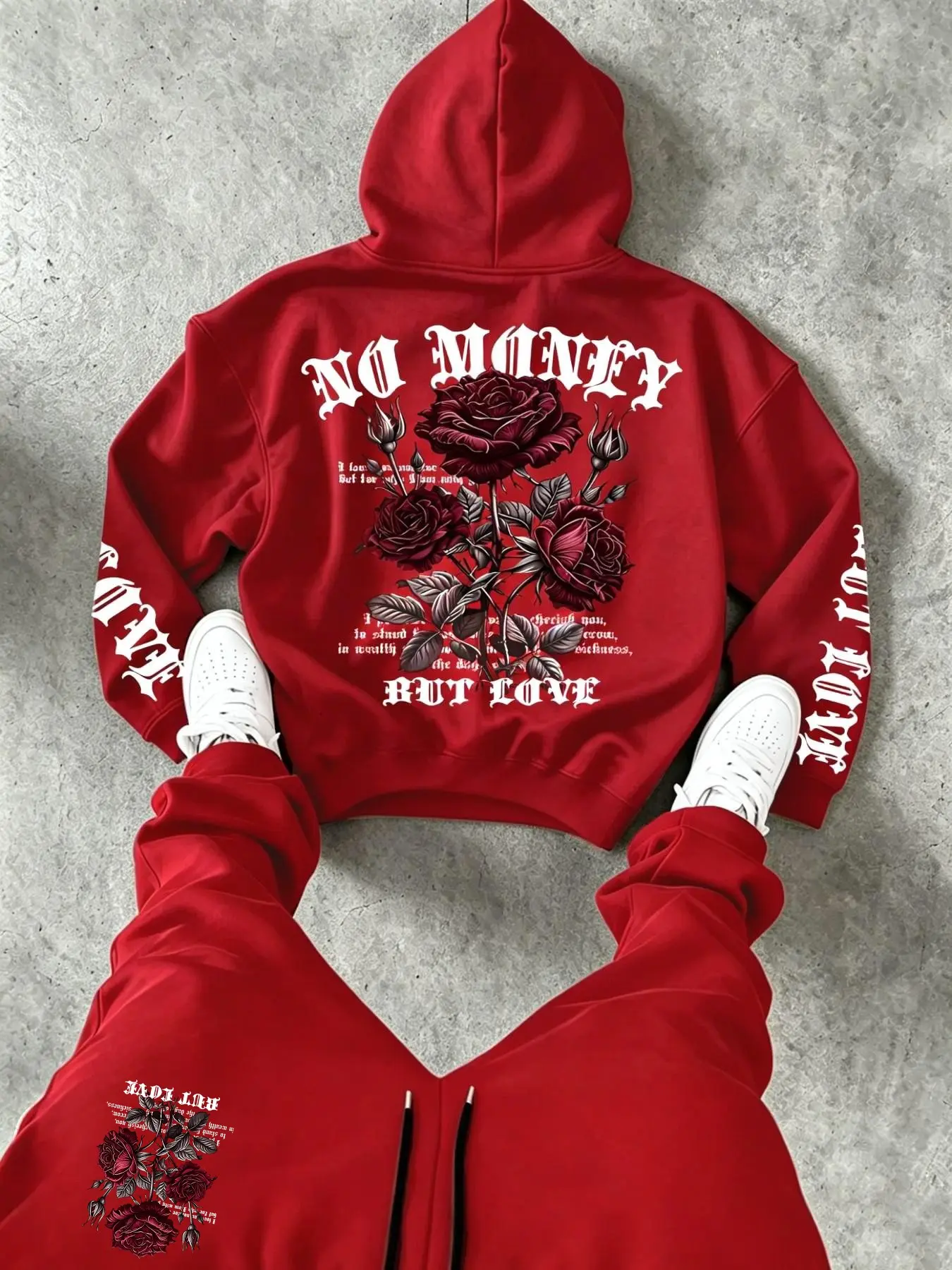 High Street Trendy Men's Hoodie and Pants Set, Drop Shoulder Design, Graphic Rose Pattern, Fall Winter Streetwear Essential Two-Piece Set