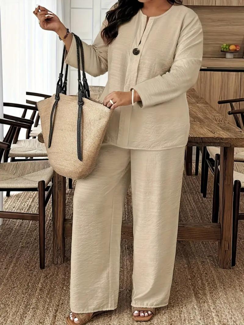 Spring Summer New Plus Size Women's Casual Breathable Long Sleeve Shirt and Loose Pants Two-Piece Set, Comfortable and Stylish Spring Summer New Plus Size Women's Casual Breathable Long Sleeve Shirt and Loose Pants Two-Piece Set, Comfortable and Stylish