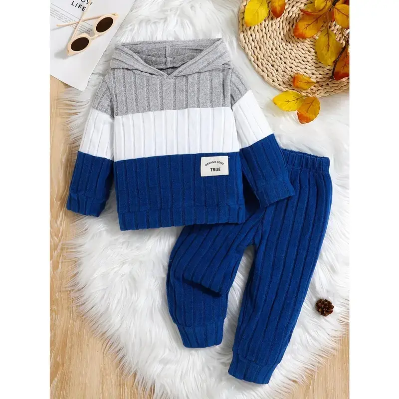 Boys' 2pcs Set, Hooded Fleece Soft Ribbed Top And Fleece Ribbed Long Pants, Fashionable Outerwear, for Outdoor