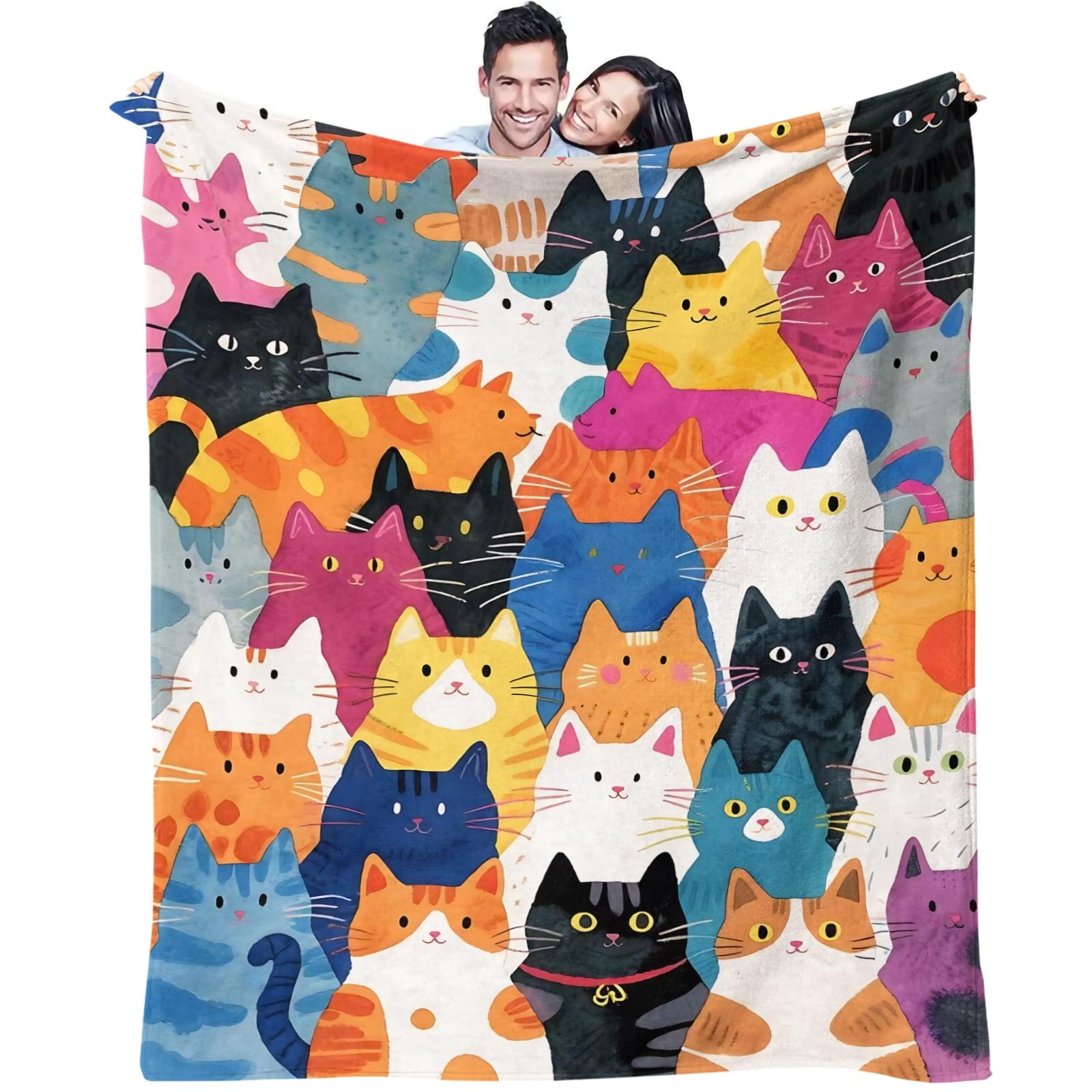 Cartoon Cat Print Blanket  Soft and Cute Flannel Blanket with Cat Print The Perfect Gift for Animal Lovers. Lightweight and Comfortable, Ideal for Bedrooms, Sofas, Living Rooms, and Outdoor Use