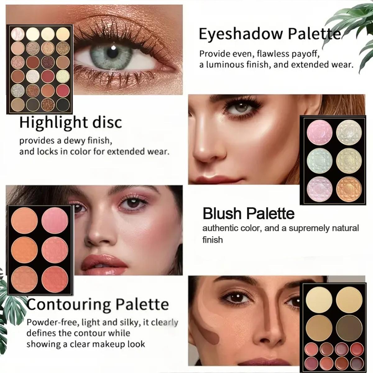 Book Style Makeup Book + Brush Set, Makeup Palette Set, Includes Eyeshadow, Blush, Contour, Highlight, Long-Lasting Easy Application, Perfect Gift for Valentine's Day/birthday