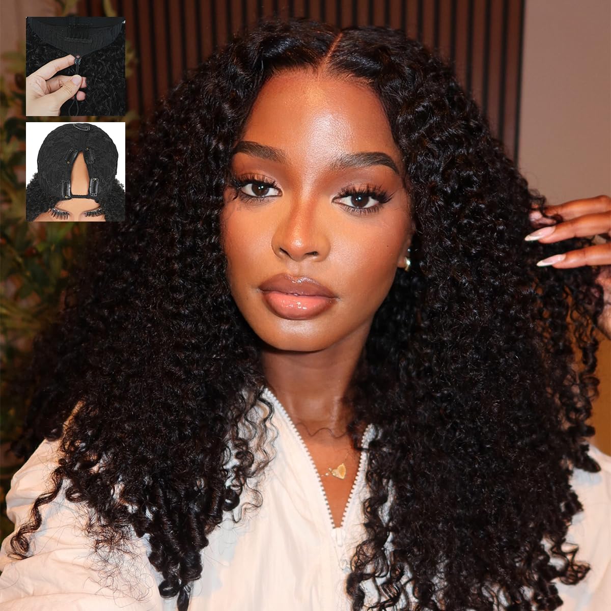[3 In 1 Half Wig] Kinky Curly Half Wig Human Hair Beginners Friendly 180% Density Machine Made Burmese Curly Half Wig and V Part Wigs For Women Natural Color