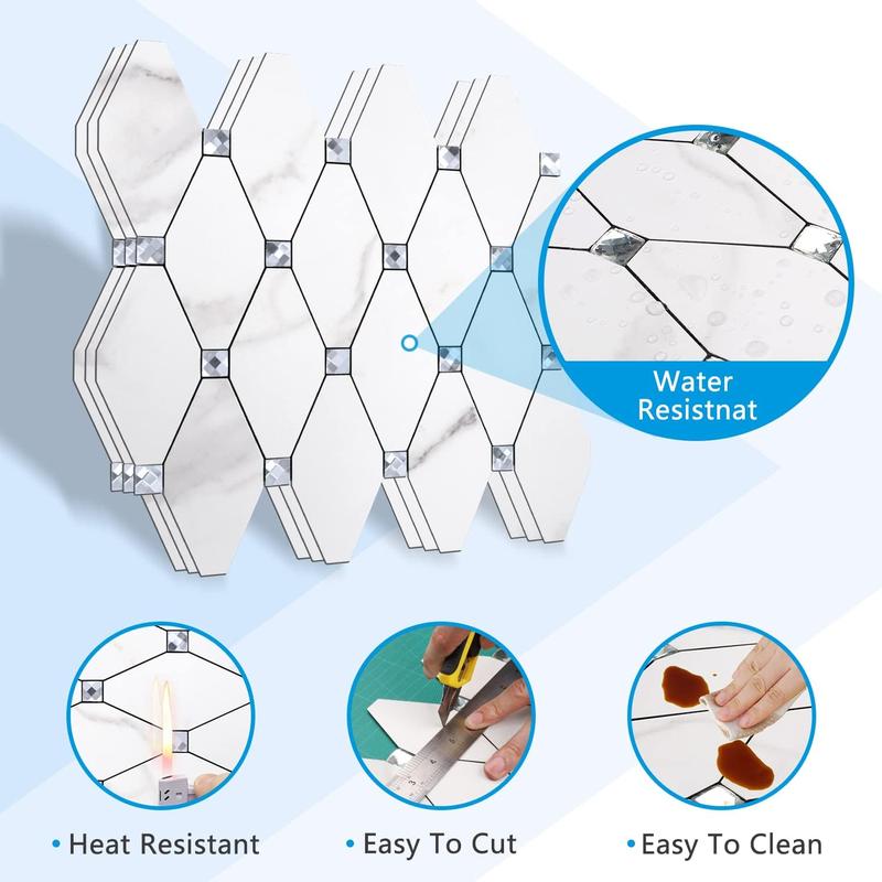 STICKGOO 10 Sheets Glass Marble Peel and Stick Backsplash, Tiles Sticker Self Adhesive Mixed Metal Backsplash for Kitchen/Bathroom/Fireplace/RV - Calacatta Wall Art Stickers Decorative