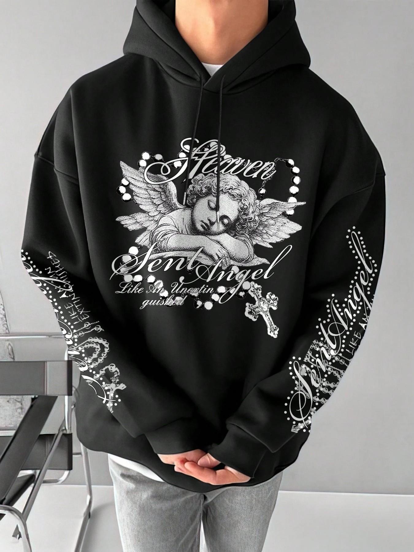 Unisex Oversized 'heaven Sent Angel' Hoodie, Vintage Angel Graphic, Cross Pearl Detail, Soft Fleece Fabric, Street Style Fall & Winter