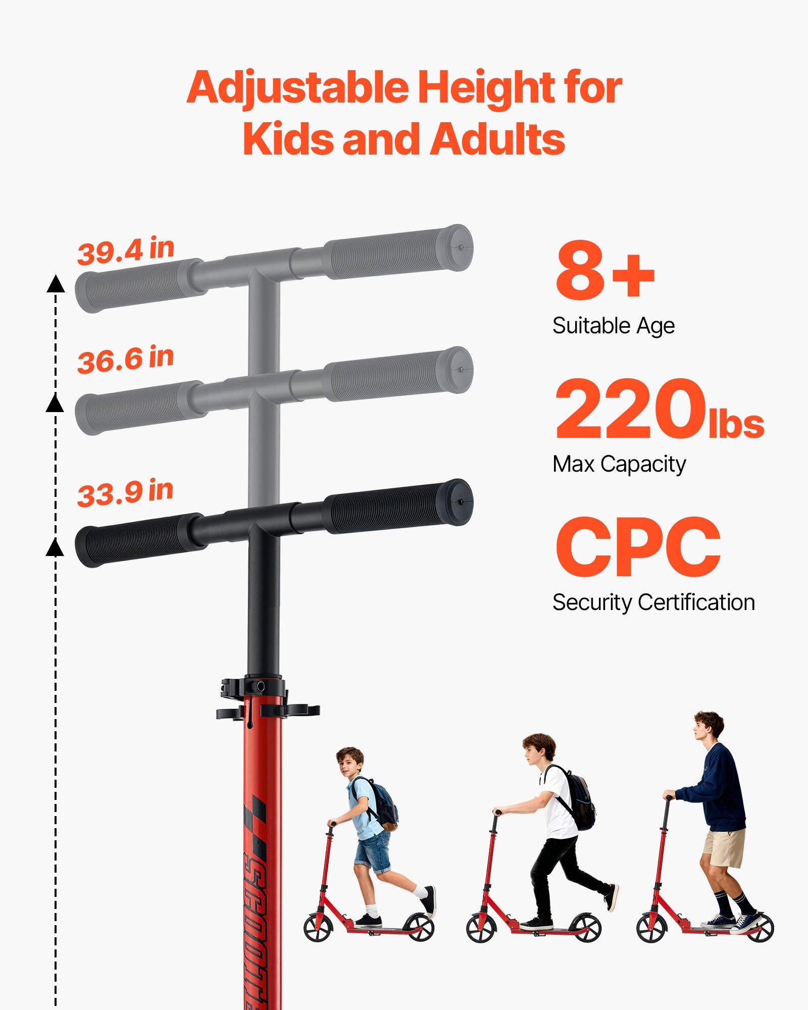 VEVOR Kids 2-Wheel Kick Scooter for Ages 8+, Adjustable Height Handlebar, Wide Anti-Slip Deck, Foldable, Lightweight Compact Design, 220 lbs Max Capacity, Red Black, Outdoor Use