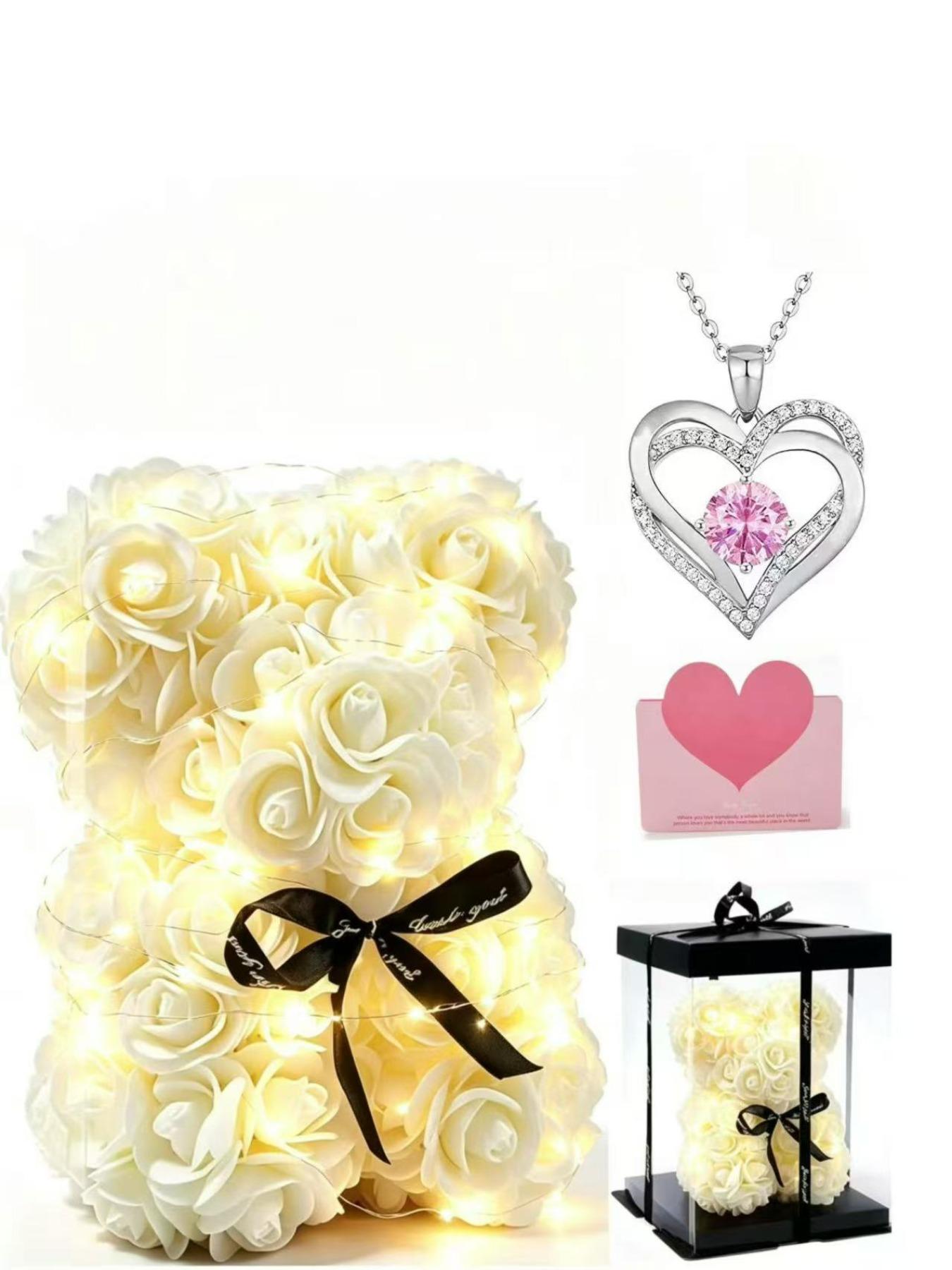 Rose Flower Bear Preserved Flower Gift Box, Valentine's Day Wedding Bouquet, Heart Stone Necklace, Romantic Gift for Girlfriend, Light