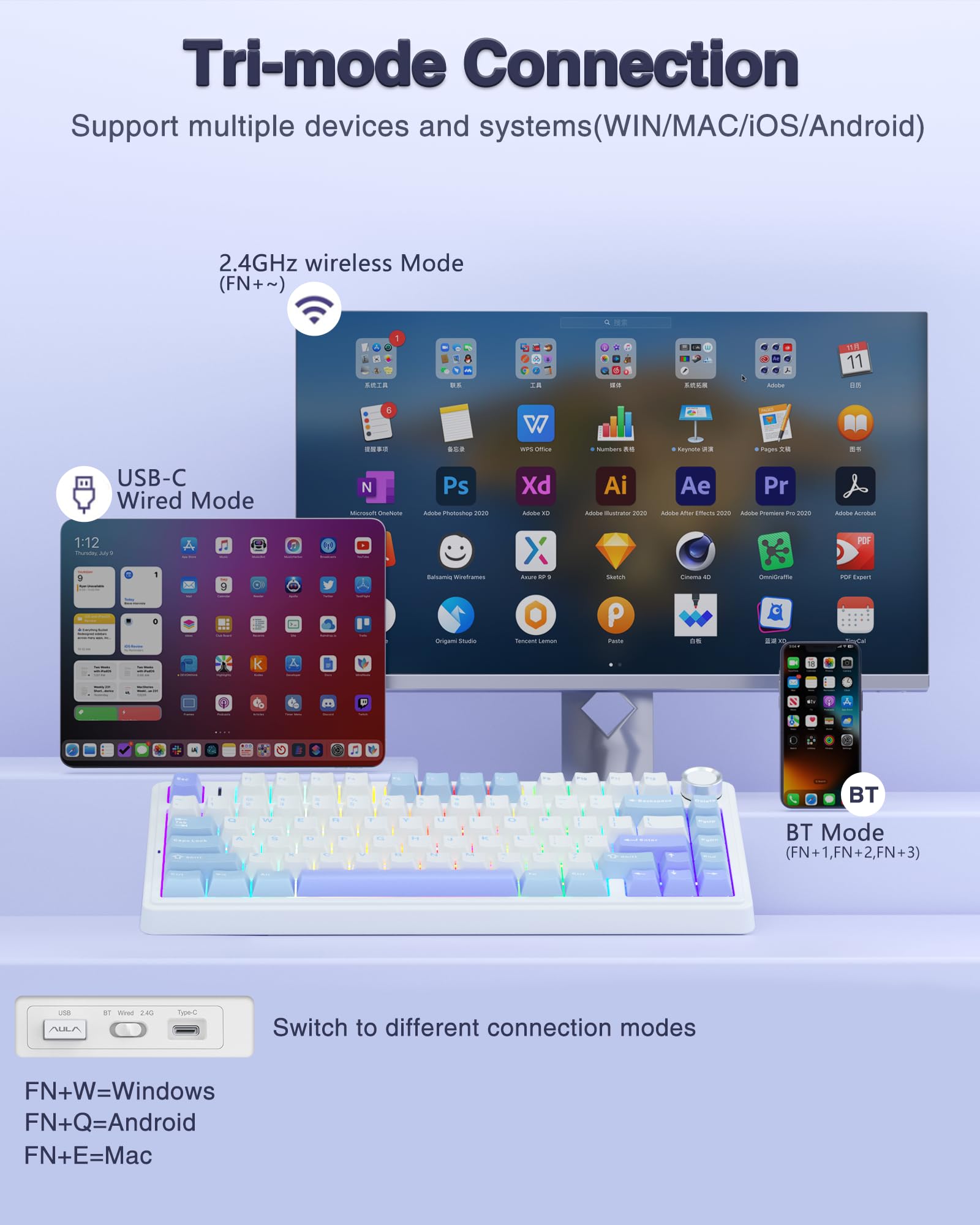 AULA F75 Custom Wireless Mechanical Gaming Keyboard, 75 Percent Gasket Hot Swappable Keyboard, RGB Rainbow Backlit Gaming Keyboard,Tri-Mode, creamy keyboards budget keyboard  office computer accessory purple volume Knob Control TikTokShopfalldealsforyou