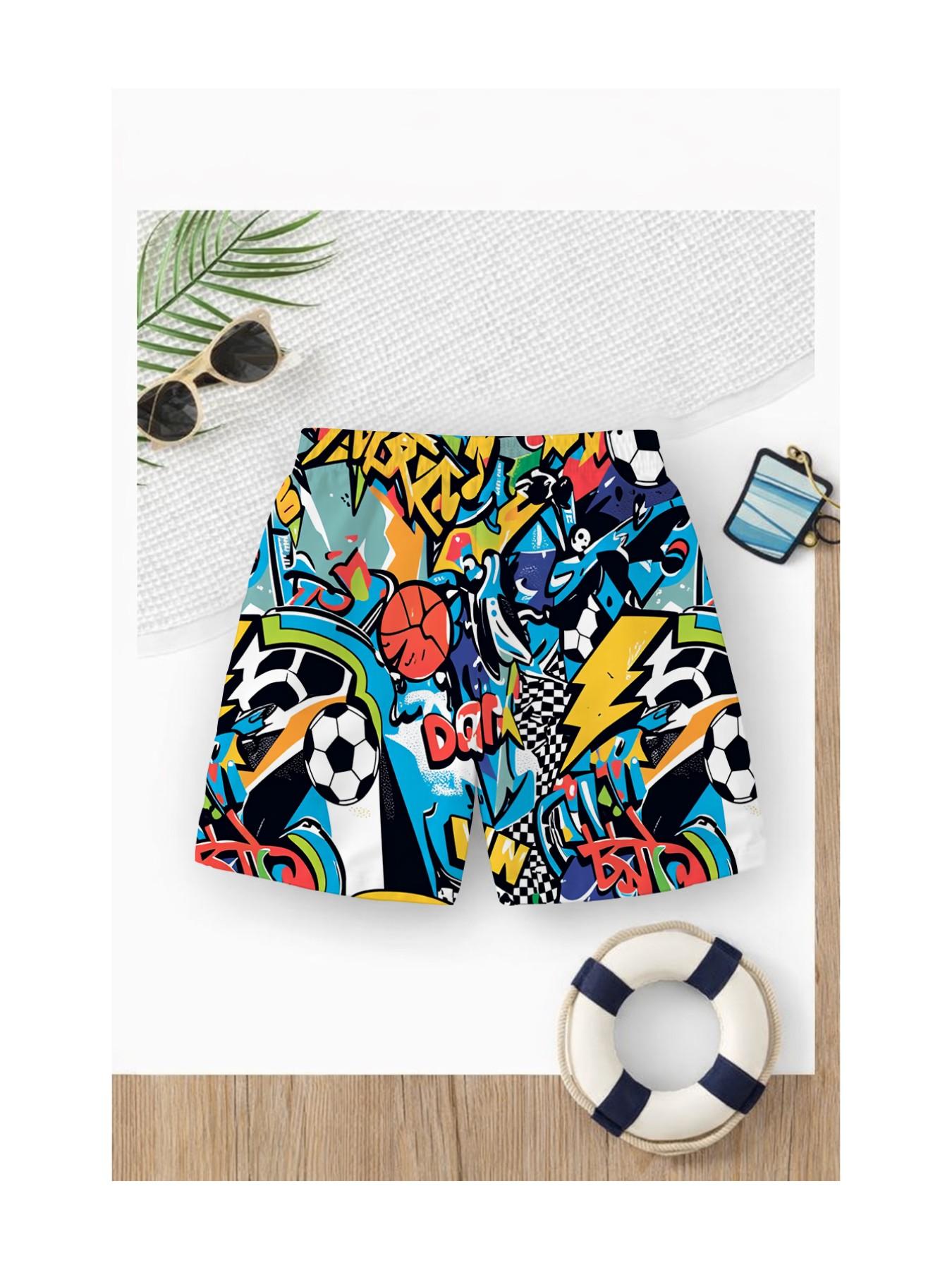 Boys' Quick-Dry 3D Soccer Print Beach Pants, Breathable Elastic Waist with Drawstring, Lightweight Swimsuit for Summer Pool, Beach, Outdoor Activities