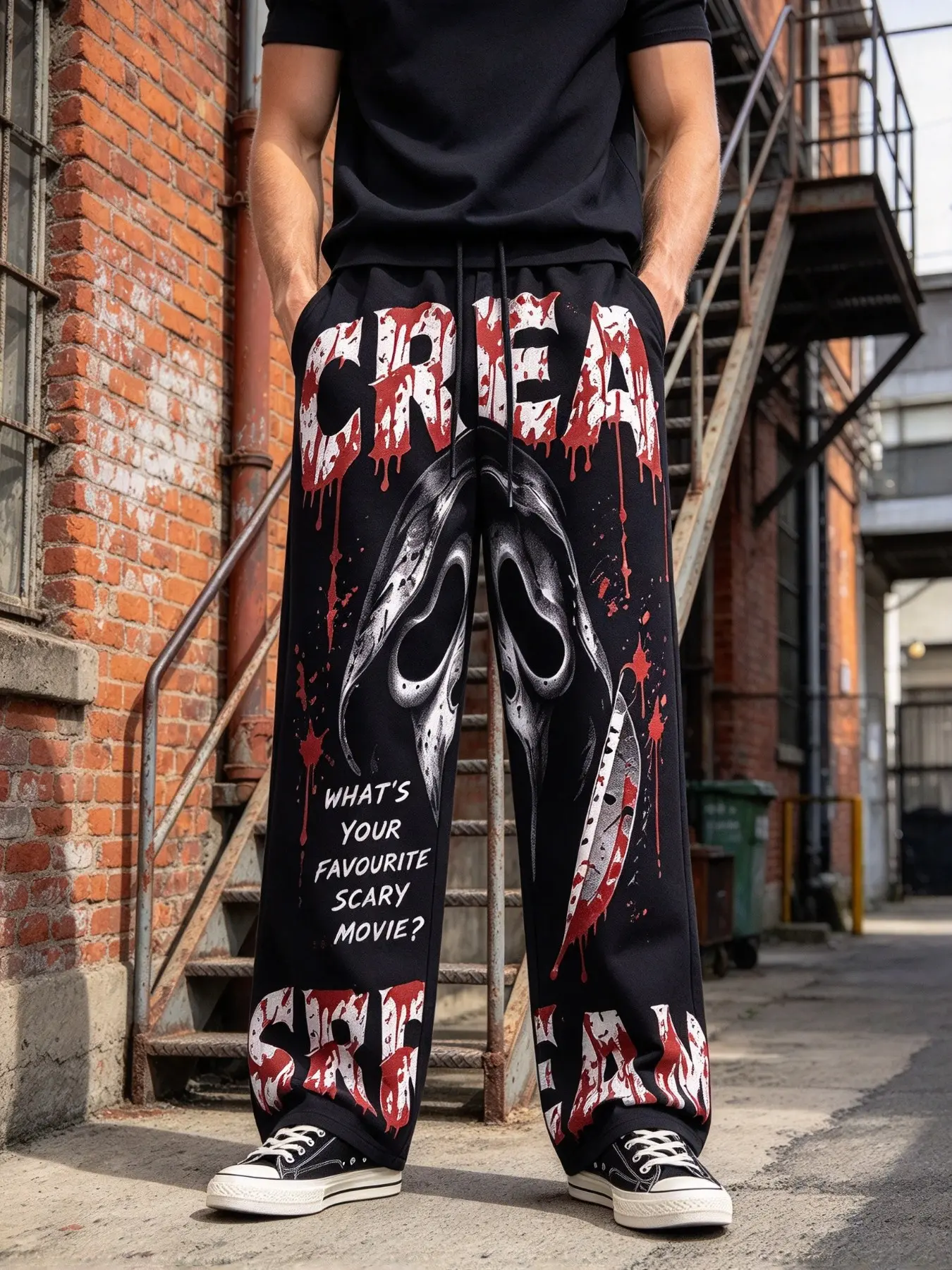 Men's Halloween Spooky Ghost Face 3D Print Wide Leg Sweatpants, Blood Stain Pattern, Loose-Fit Casual Streetwear Long Pants