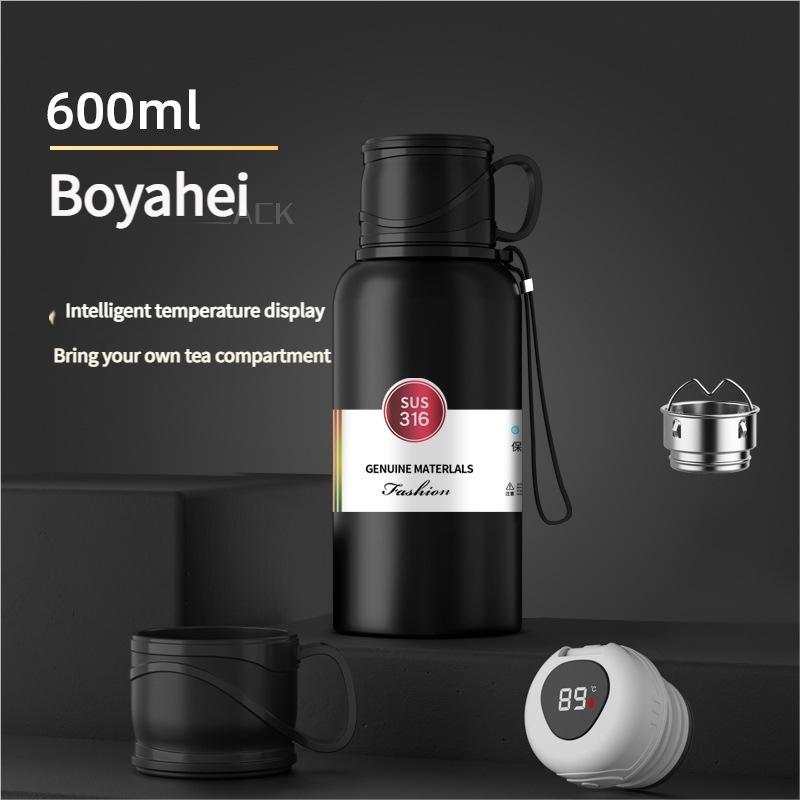 Stainless Steel Insulated Water Bottle, 20oz (600ML) Vacuum Flask with Handle, Smart Temperature Display, Large Capacity Car Cup, Vacuum Insulated Tumbler