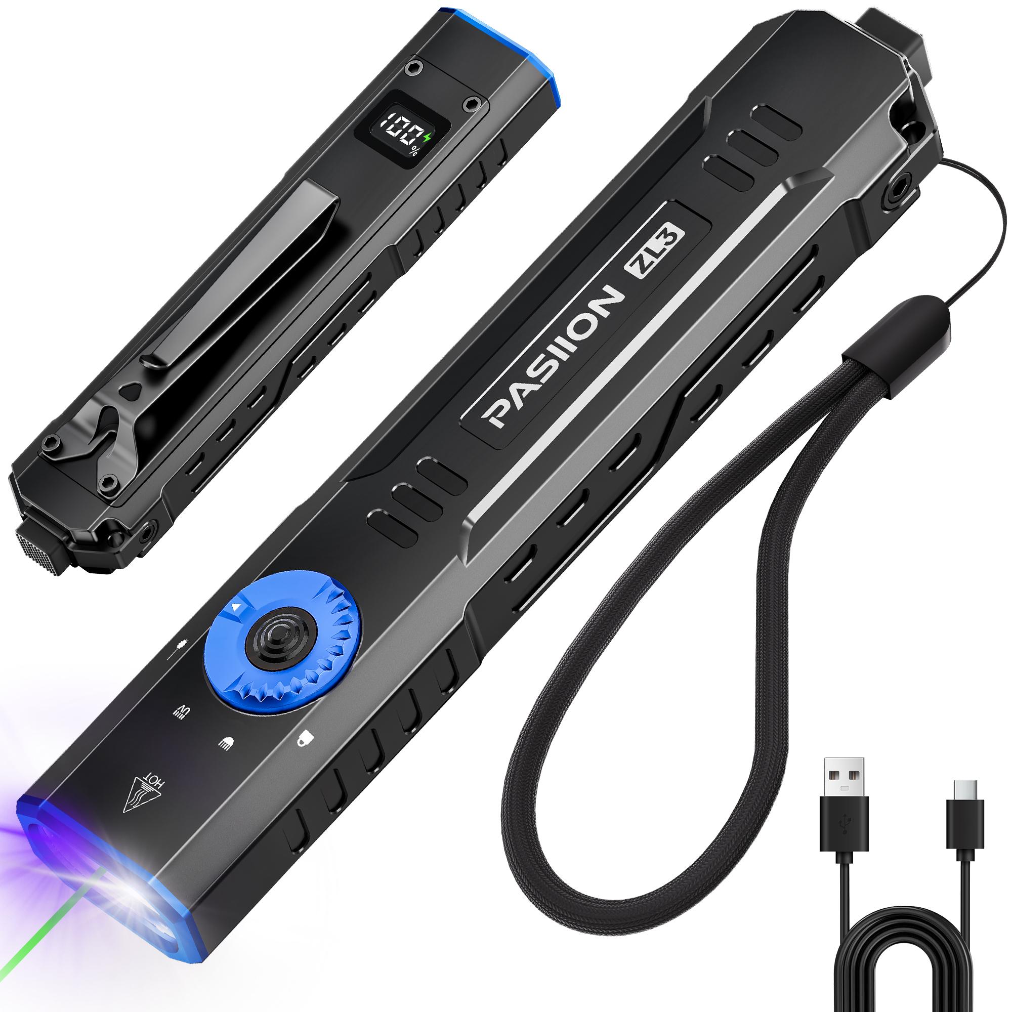 1500 Lumens Rechargeable Edc Flat Panel with Green Laser, UV and LED Combo, Magnet Led Flashlight, Portable Pocket Light, Outdoor Emergency Torch