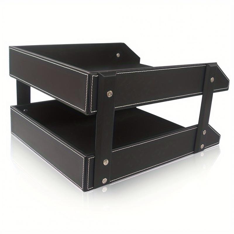 1 Black Brown Plain Double Layer Document Rack PU Leather Office File Storage File Tray