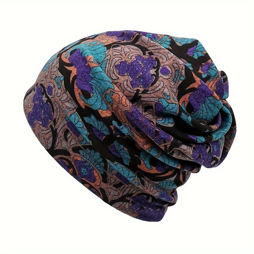 Women's 4-Piece Decorative Knit Fabric Head Covering Hats Set - Bohemian Floral Printed, Brimless, Elastic, Lightweight Multifunctional Fall Winter Warm Headscarf Neck Cover for Chemotherapy Patients