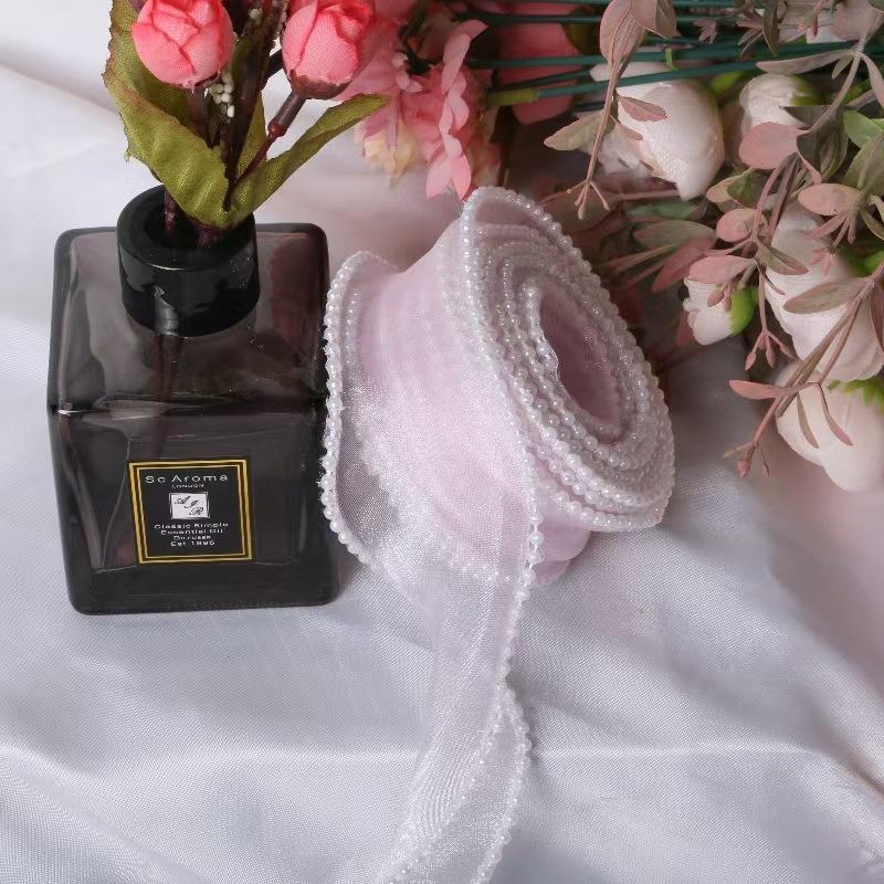 4cm Fish Tail Satin Ribbon with Pearl Trim, DIY Wedding Packaging Tape, Valentine's Day Gift Box Wrap, Floral Art Decorations