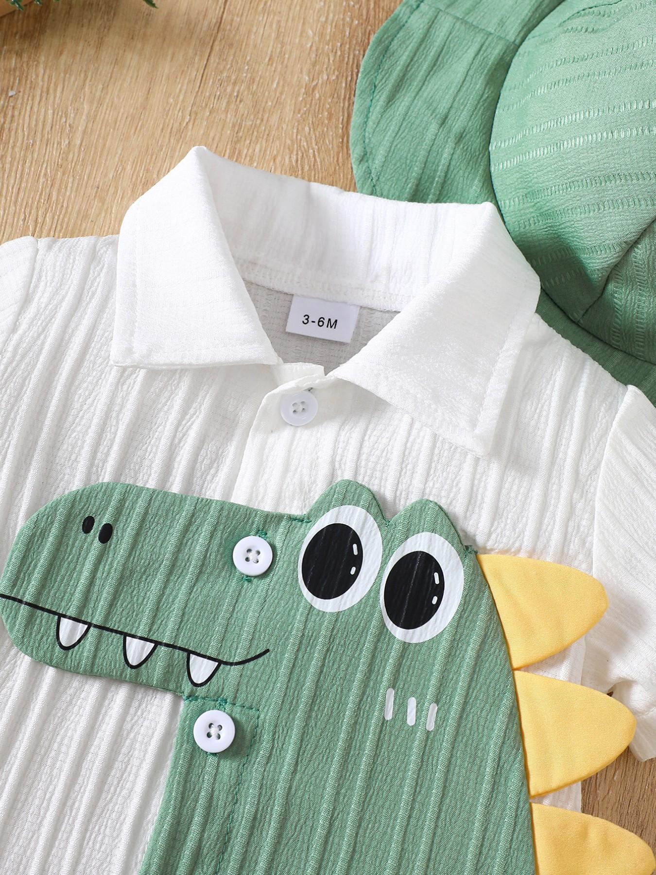 Baby Boys Three-Piece Set Dinosaur Short Sleeve Shirt + Shorts + Sun Hat, Cute Summer, Soft Breathable Fabric