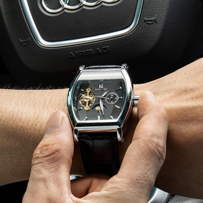 Luxury Automatic Mechanical Watch for Men, Analog Dial, Leather Strap, Moon Phase Display, Minimalist Barrel Design, No Battery Needed