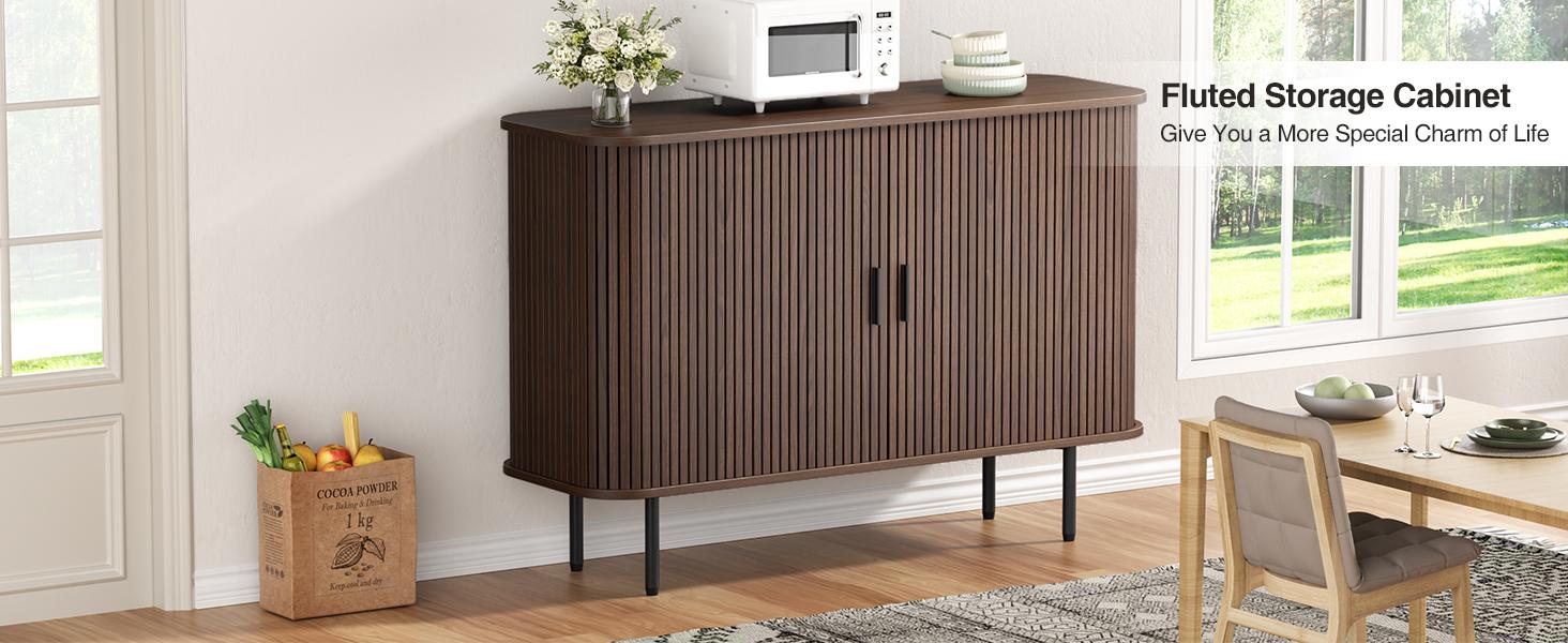 Vabches Buffet Sideboard Cabinet with Storage, Fluted Storage Cabinet Black with Curvy Edge; Sliding Door Coffee Bar, Accent Cabinet Credenza Console Table for Living, Kitchen, Hallway