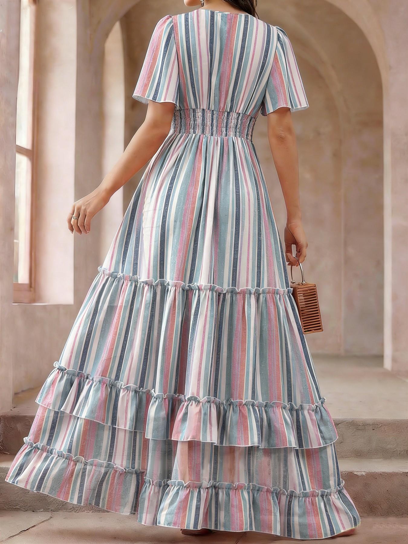 Summer Striped Dress, Layered Cake Dress, V Neck Long Dress, Bell Sleeve, a Line, Ruffle, Elegant, Casual, Retro, Vacation, Commute, Travel