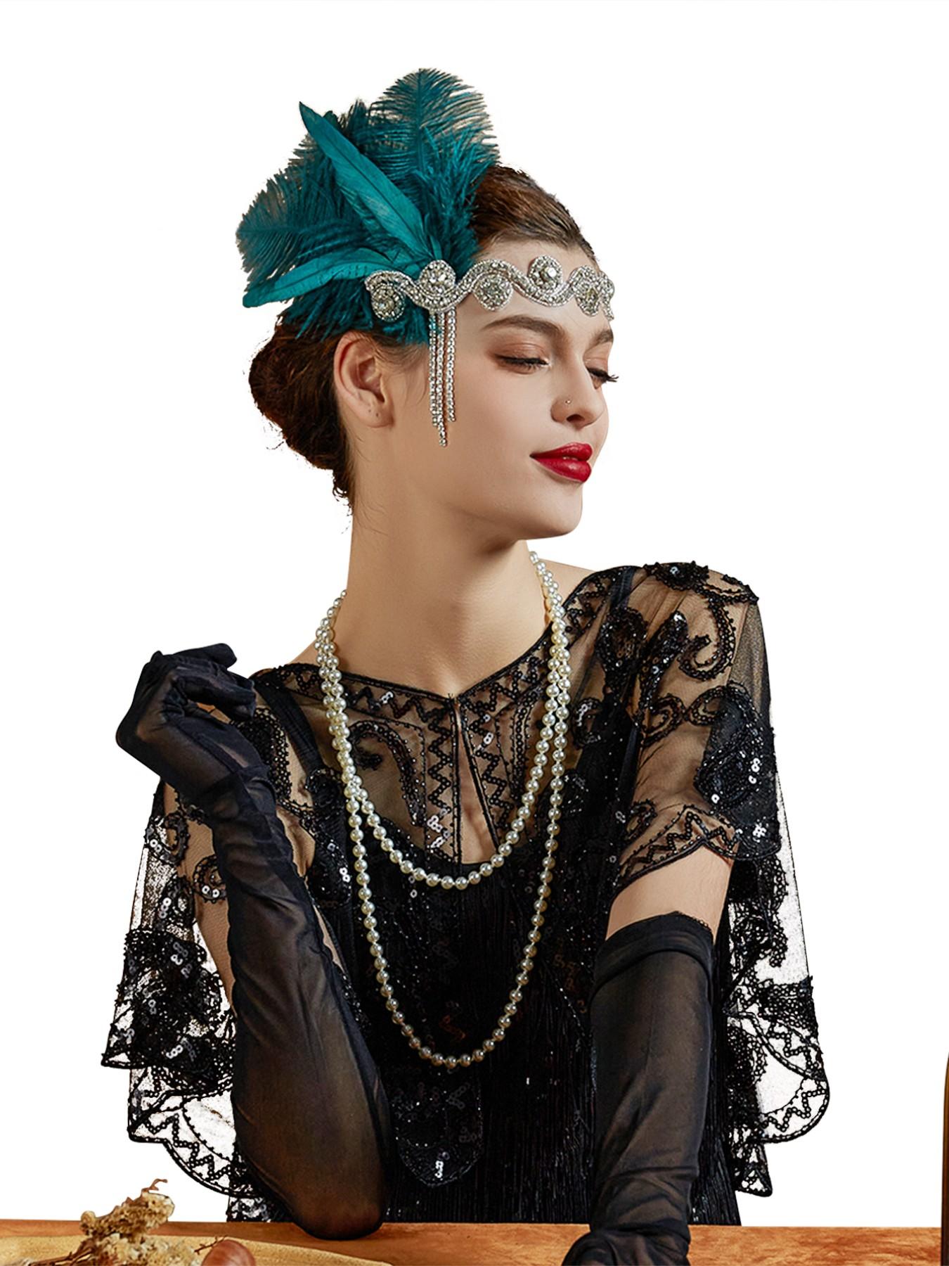 1920s Headpiece Flapper Headband, Rhinestone Pearl Feather Hair Band Great Gatsby Headpiece Accessoreis for Women,Champagne