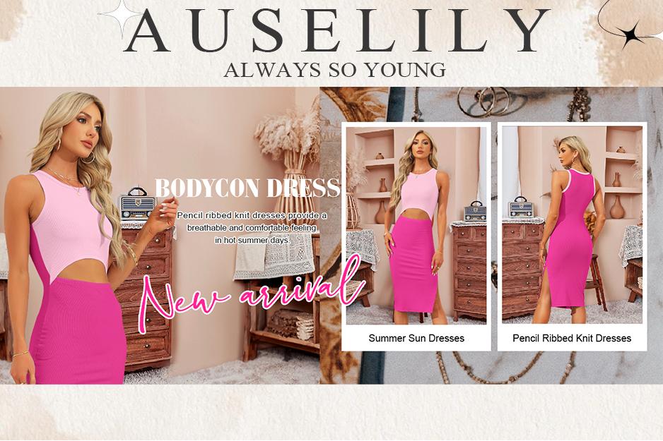 AUSELILY & MISFAY Date Night Dress Women's Ribbed Knit Bodycon Midi Dress Fall Casual Chic Crew Neck Cutout Casual Slit Dress