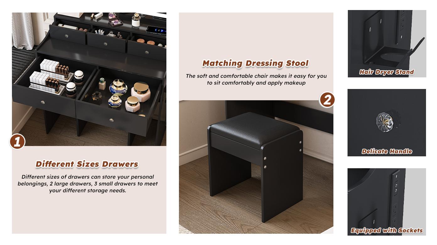 Bellemave Modern Makeup Vanity Set with 3 Lighting Modes 5 Drawers Hair Dryer Holder for Bedroom Black Color Frames Design Extra Large Mirror Solid Construction