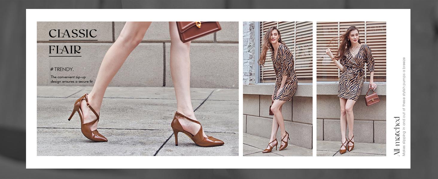 Coutgo Womens Pumps High Heels Pointed Toe Crossed Strap D'Orsay Zip up Stilettos Party Dress Shoes Dark Brown Footwear