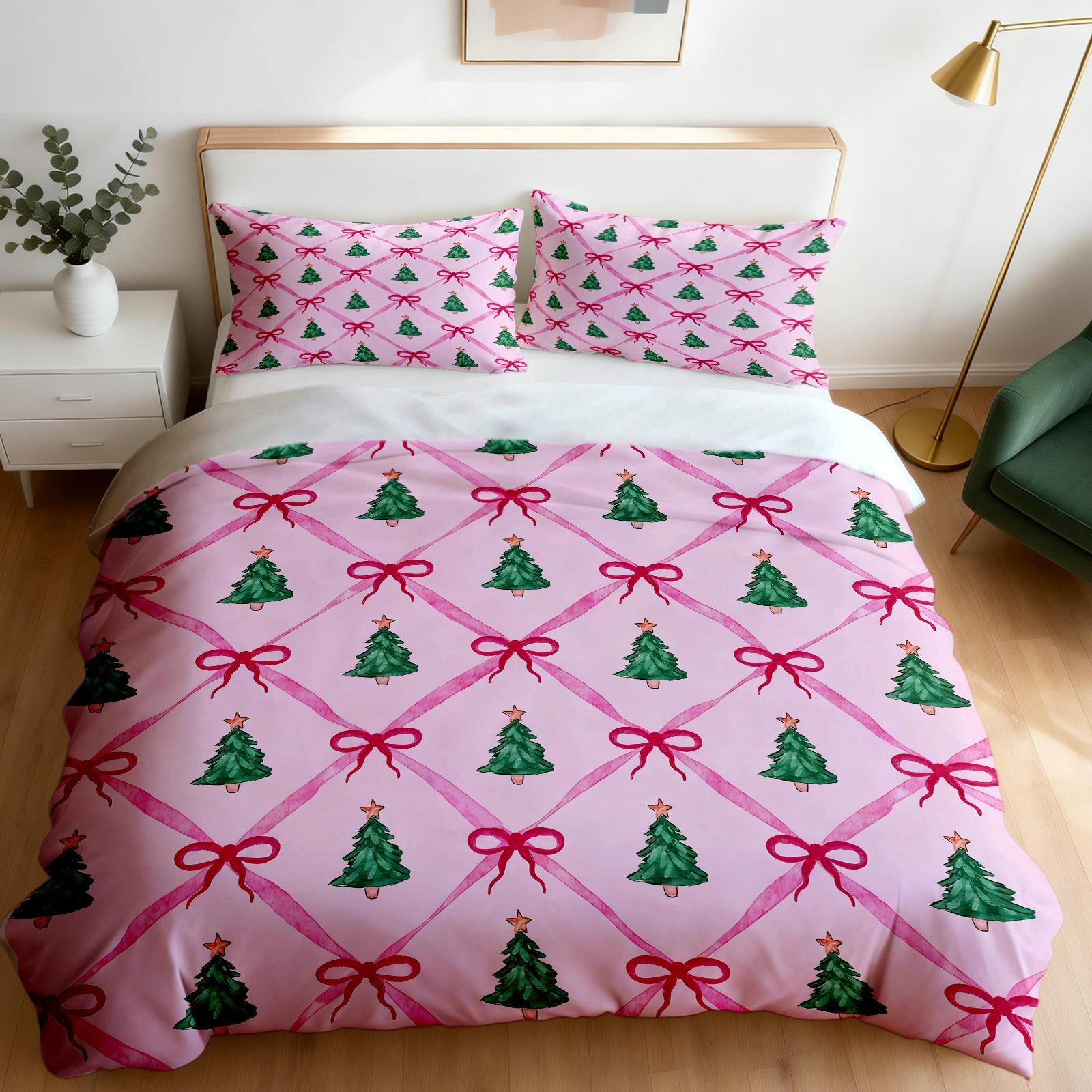 2/3 Pcs Christmas Coquette Bow Duvet Cover Set, Cute Gingerbread Man & Christmas Tree Print Bedding, Soft and Comfortable Fabric, High-Aesthetic Girl's Bedroom Decor, Ideal Christmas Holiday Gift, Filling Not Included