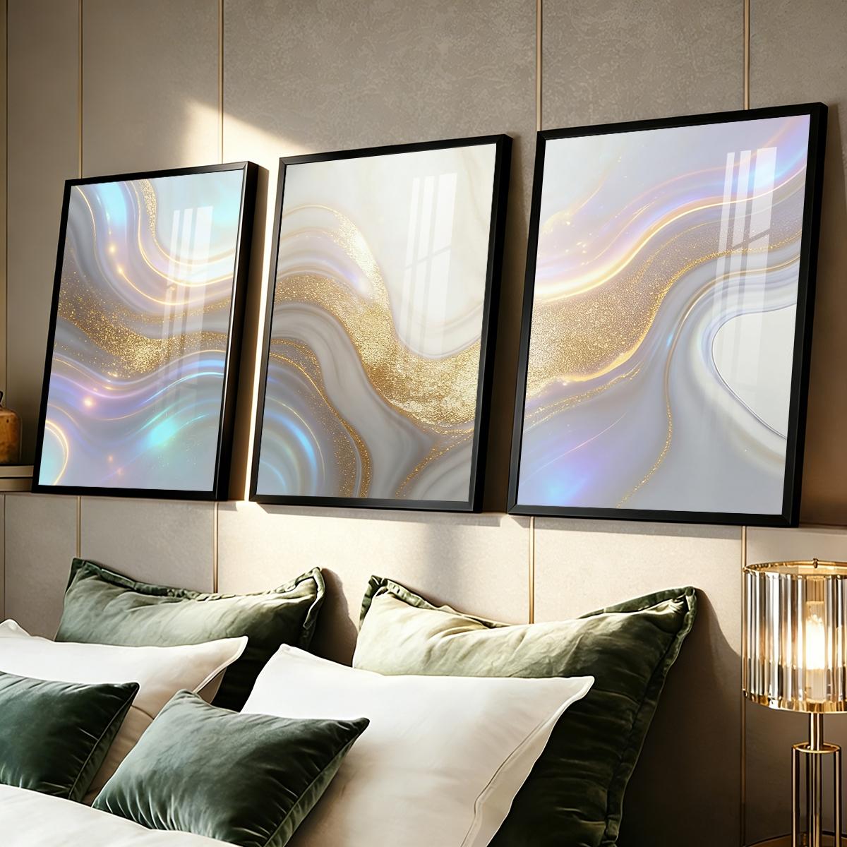 3 Counts Aluminum Alloy Framed Painting, Abstract Golden And Silver Fluid Art Pattern, Home Decoration For Living Room, Bedroom, Office, Restaurant, Hallway Wall Decor, Odorless Print Artwork, Luxury Perfect Gift For Friends And Family