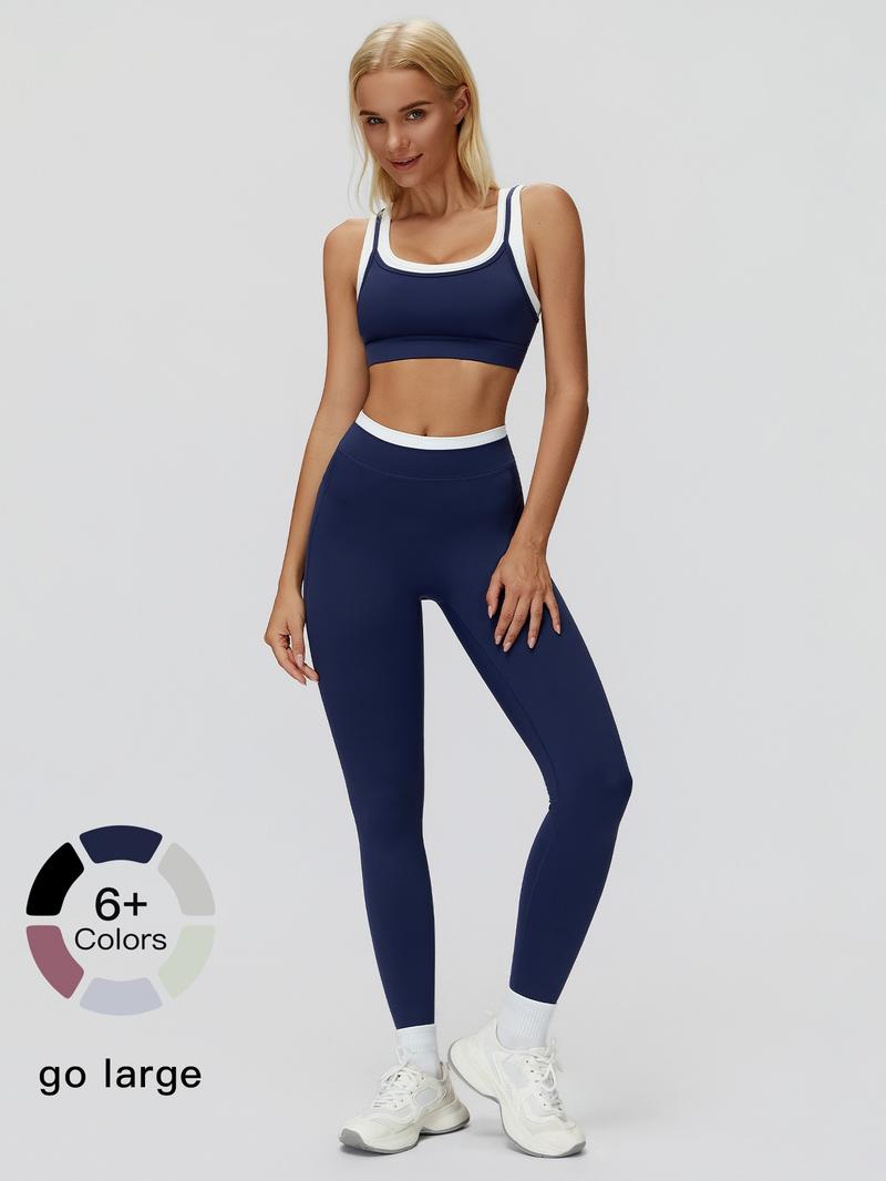 Women's Two-Piece Colorblock Yoga Set, High-Waisted Ribbed Casual Fitness Sportswear, Versatile for Gym Workout