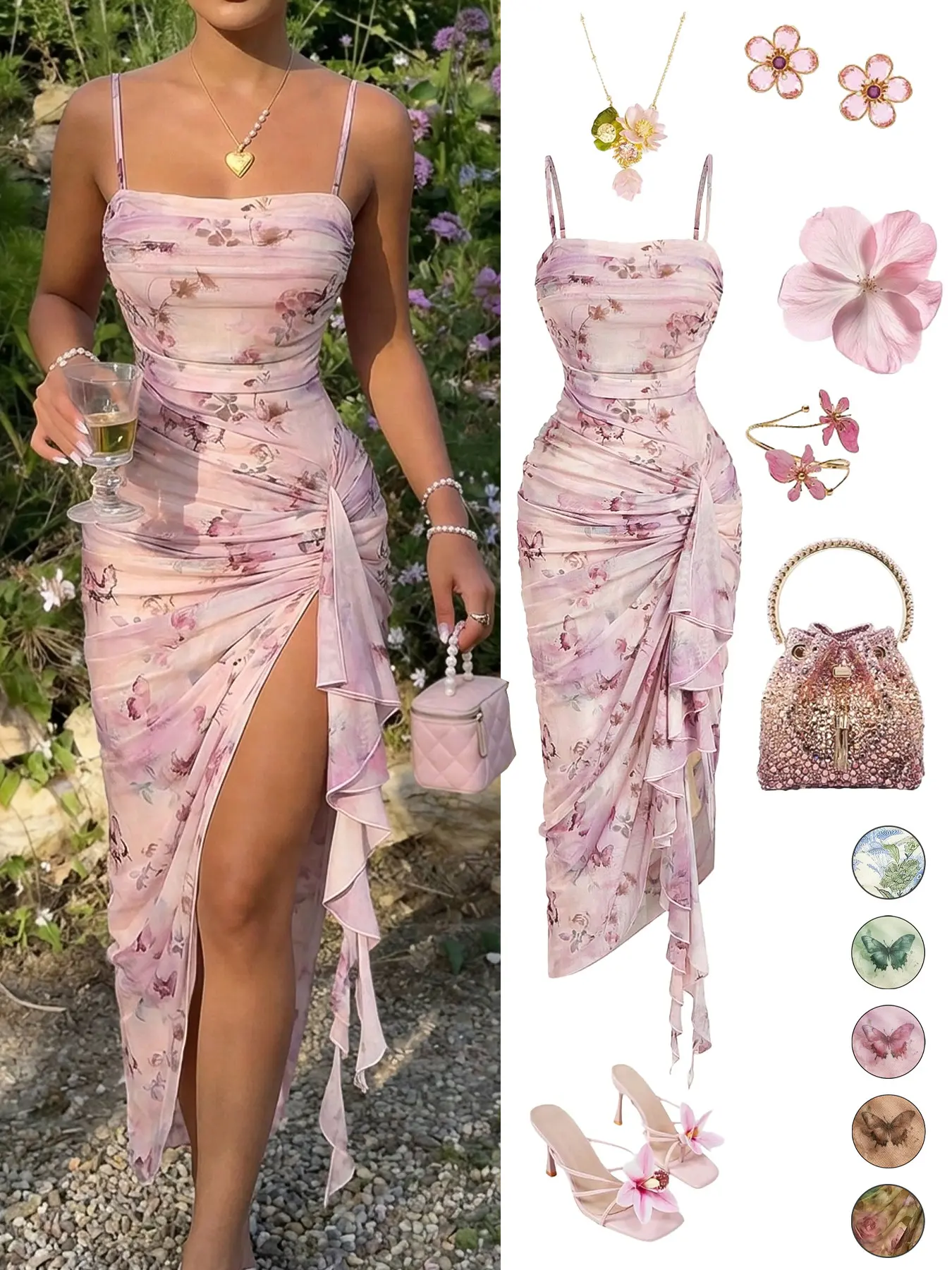 Women's Casual Vacation Floral Print Ruched Split Hem Asymmetrical Dress, Vintage Butterfly Print Elegant Ruffle Design Dress,Seductive,Party,Cocktail Dinner Prom Vacation Outfits