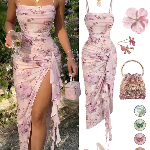 Women's Casual Vacation Floral Print Ruched Split Hem Slit Design Asymmetrical Dress, Vintage Butterfly Print Elegant Ruffle Design Dress, Seductive,Party,Cocktail Dinner Prom Vacation Outfits