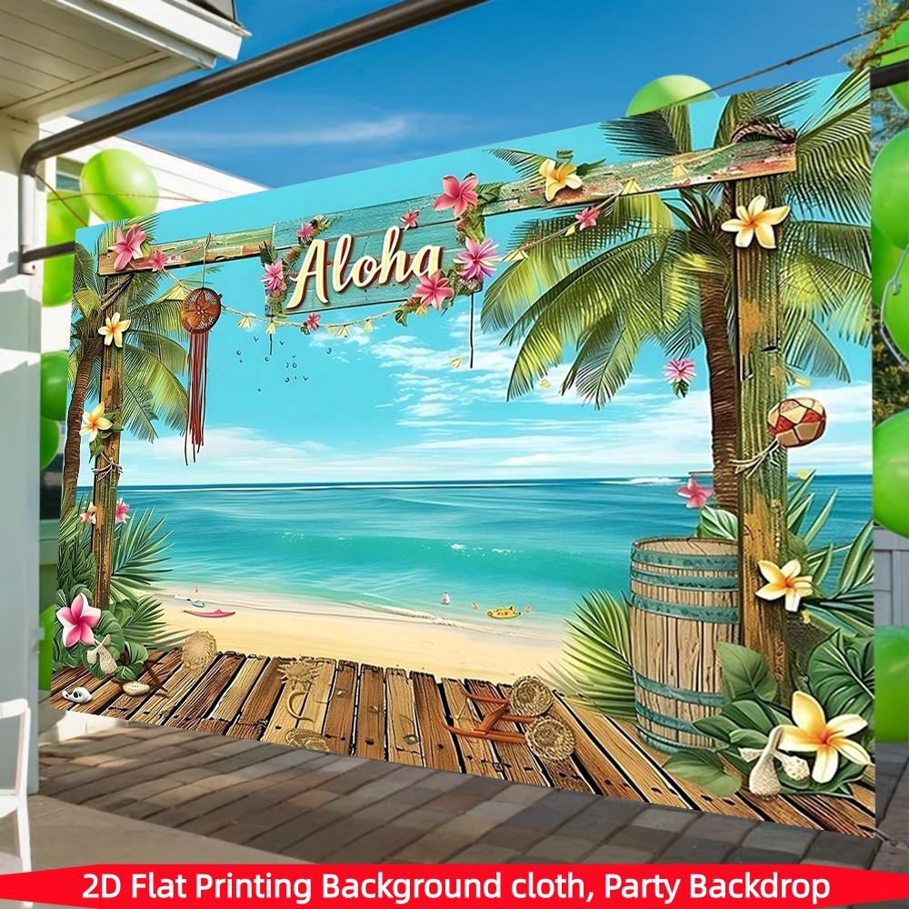2D Flat Aloha Hawaii Beach Decorative Backdrop 1 Pack Polyester Material Tropical Palm Flower Seaside Party Banner Summer Beach Themed Photo Hanging Cloth Luau Party Atmosphere Curtain Reusable Waterproof Decorative Supplies