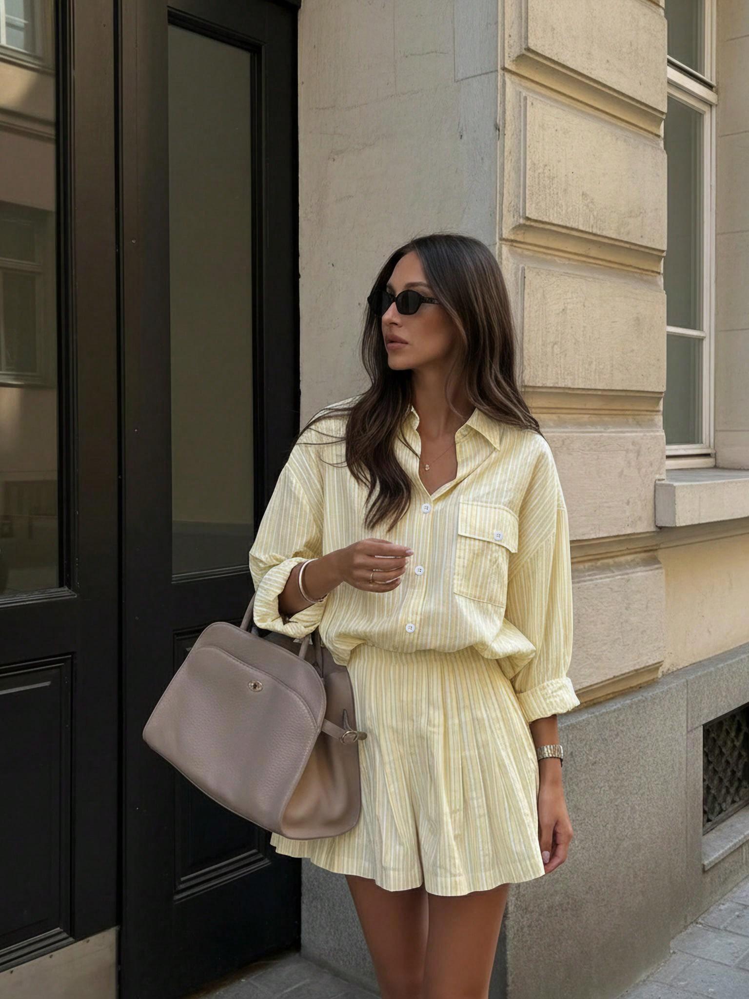 Women's Summer Comfortable Chic Striped Pocket Button-Front Shirt and Shorts Set for Daily Wear Fashion Style Sets