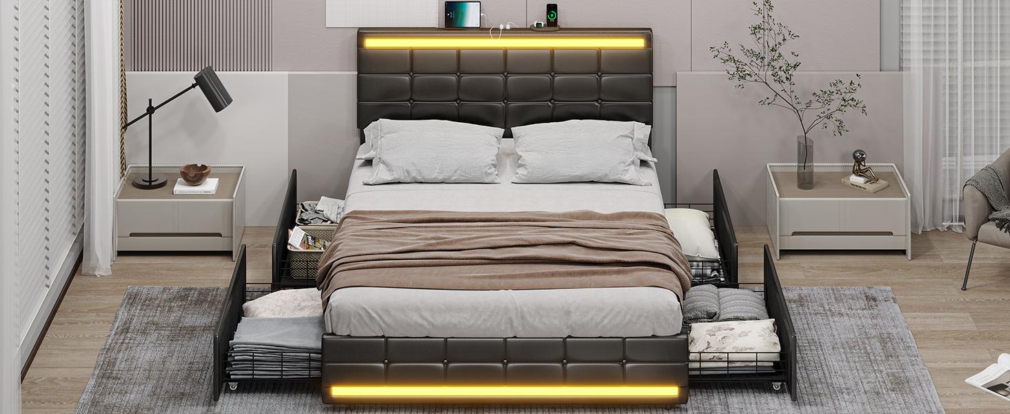 Sikaic Queen Size Faux Leather Platform Bed Frame with Storage Drawers, LED Bed Frame with Charging Station, Black Adjustable Headboard