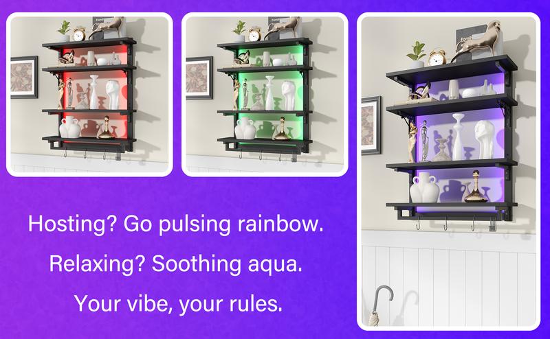 Foldable Gaming Floating Shelves with Adjustable Shelf, 24 Inch Wall Mounted Shelves with Dynamic LED for Living Room Game Room Cologne Holder Wooden Key Mail Holder