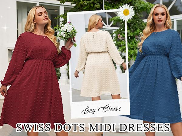 Plus Size Women's Swiss Dot Long Sleeve Chiffon Dress Flowy High Waist A Line Ruffle Babydoll Midi Dresses 16W-24W Casual Elegant Womenswear Comfy Lady Cute Elastic Fit Lantern Loose Sheer Solid Casual Wear Comfort
